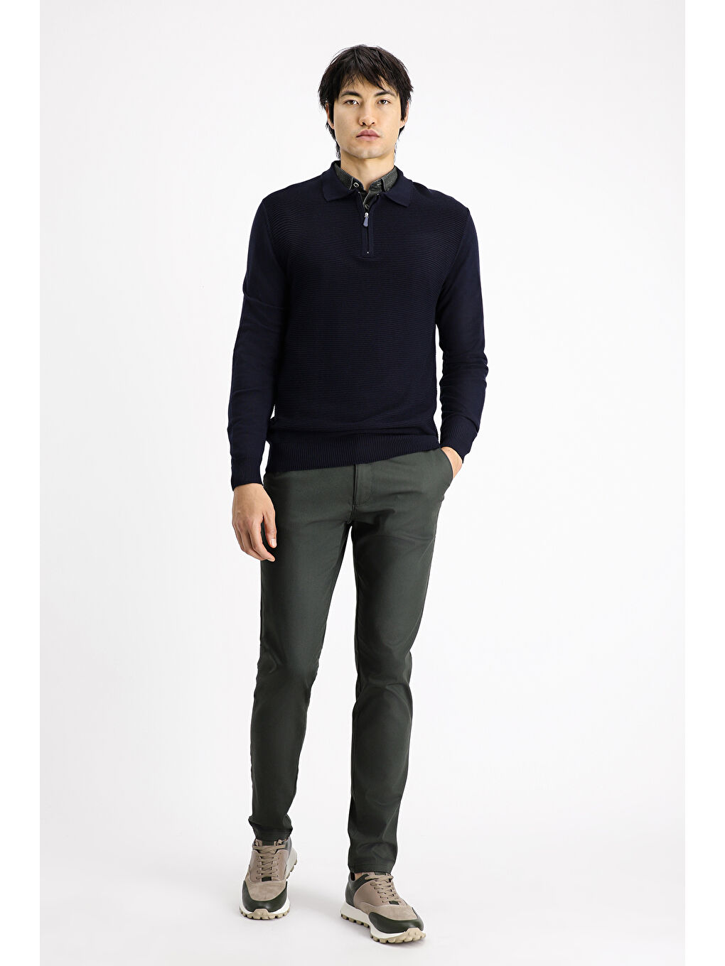 Lacivert Polo Yaka Regular Fit Fermuarlı Desenli Pamuklu Triko Kazak-1