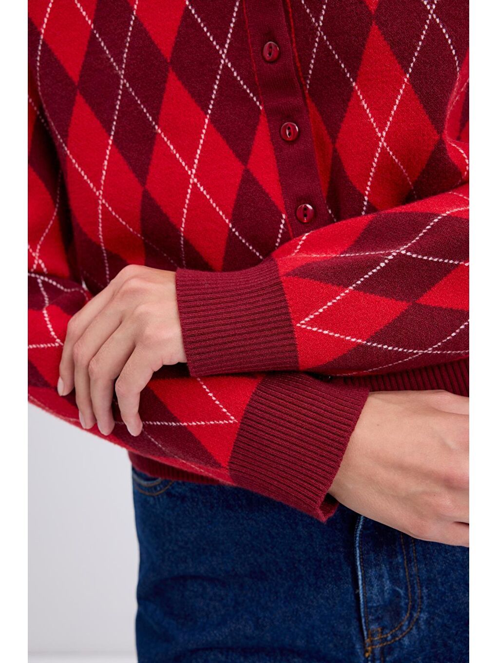 Yuvarlak Yaka Baklava Desenli Triko Hırka Bordo-6