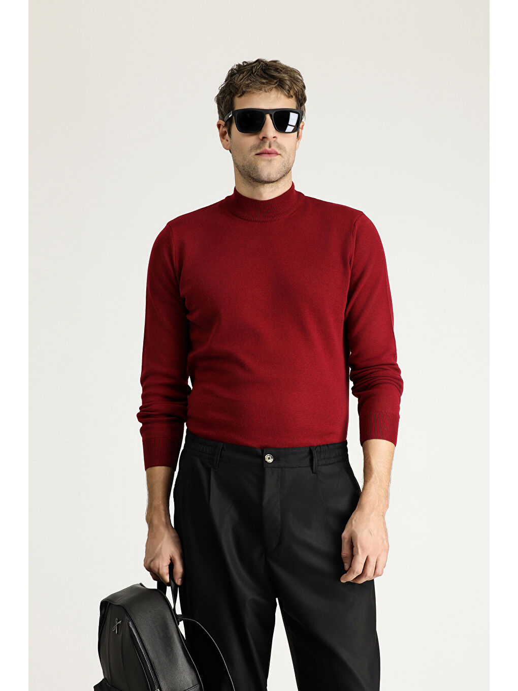 Kırmızı Bato Yaka Regular Fit Pamuklu Triko Büyük Beden Kazak-1