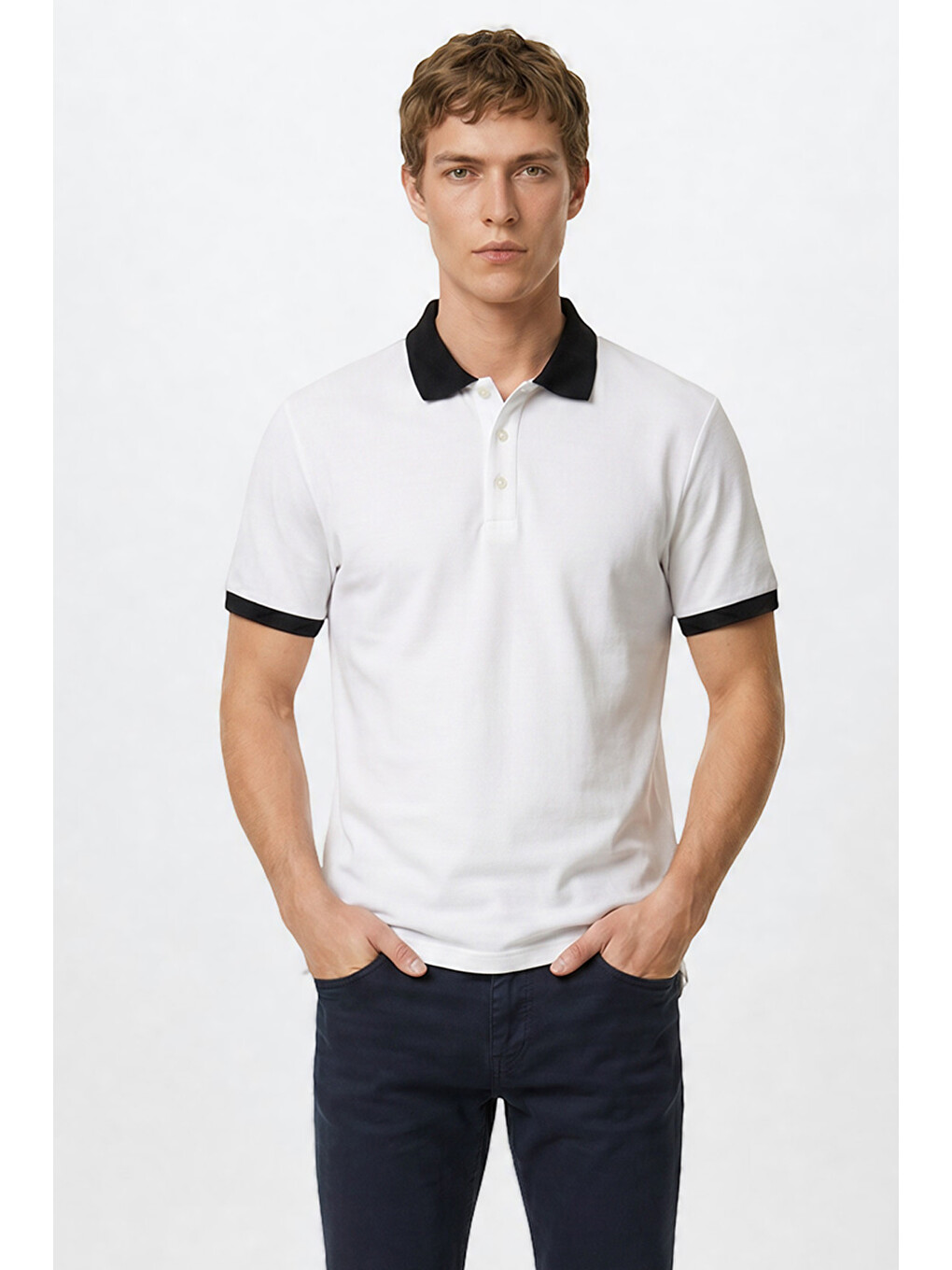 Erkek Beyaz-Lacivert %100 Pamuk Slim Fit Dar Kesim Polo Yaka Tişört-2