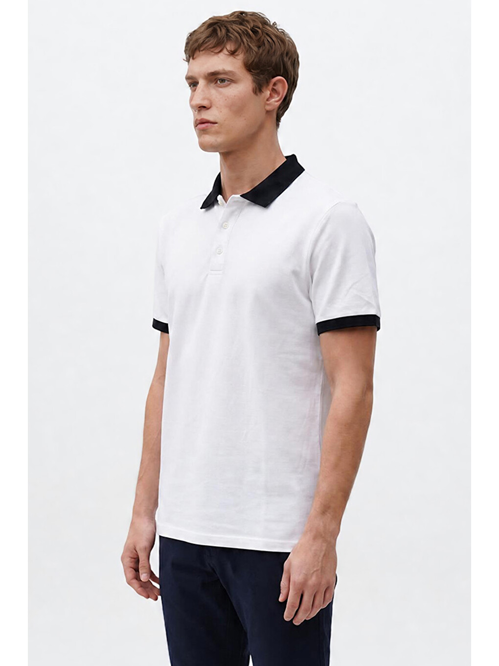 Erkek Beyaz-Lacivert %100 Pamuk Slim Fit Dar Kesim Polo Yaka Tişört-3