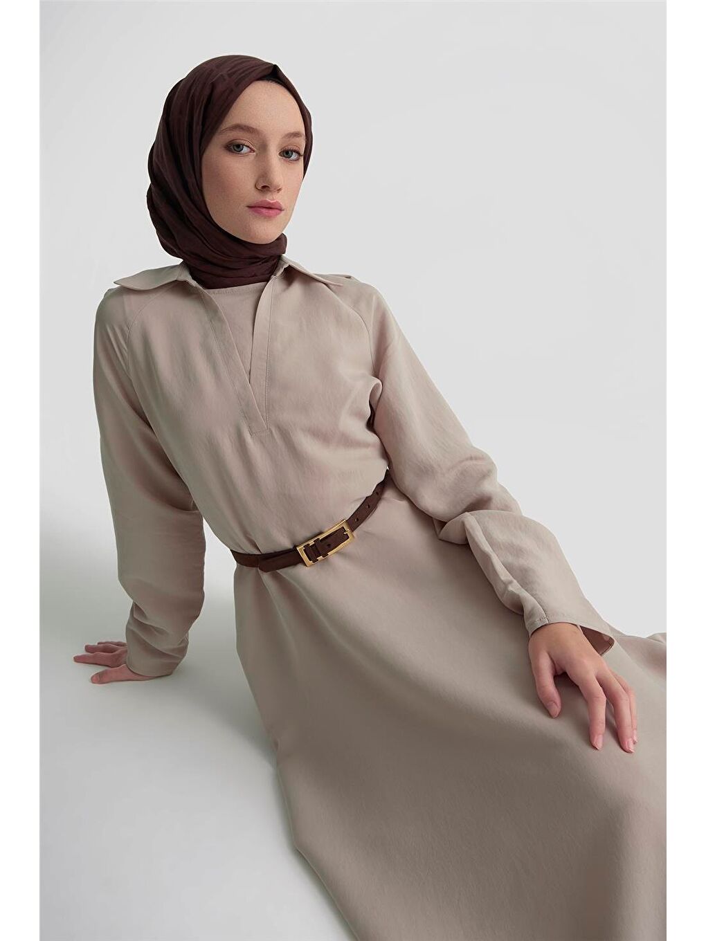 Bej Yakalı Modal Elbise 25K9103 Vizon