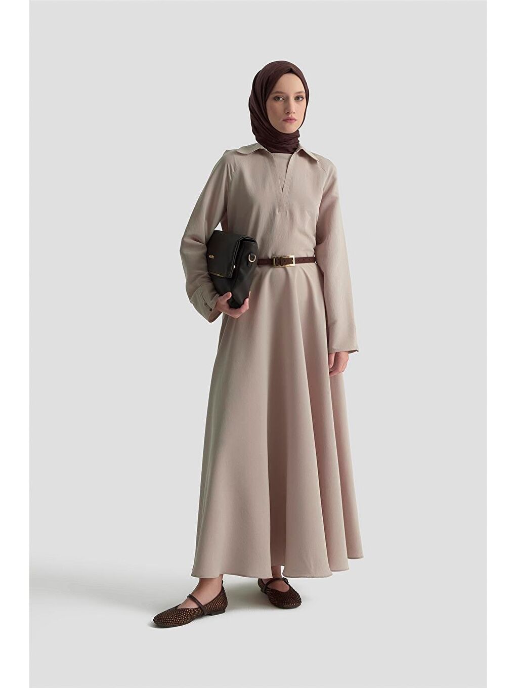 Bej Yakalı Modal Elbise 25K9103 Vizon-1