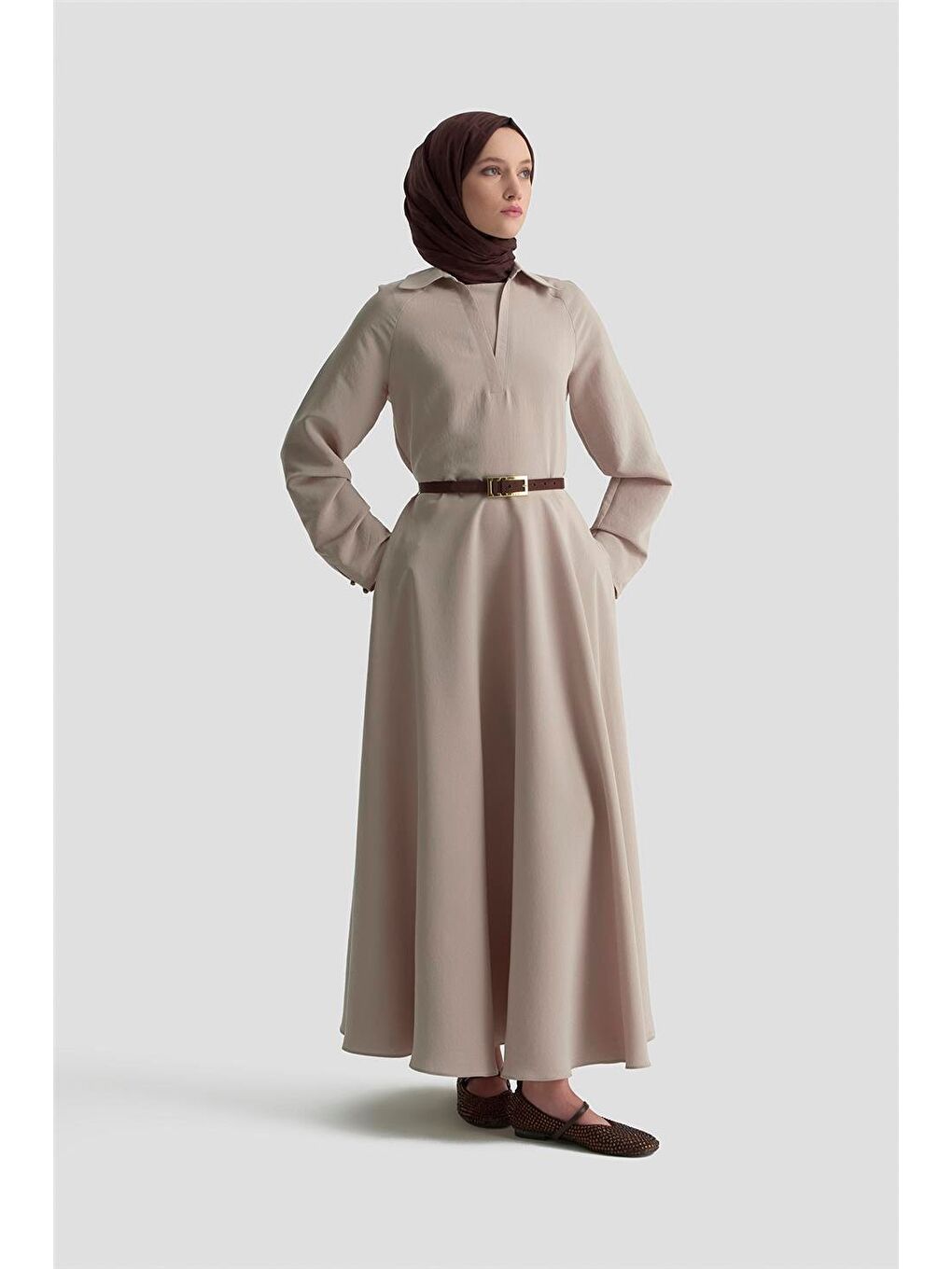 Bej Yakalı Modal Elbise 25K9103 Vizon-2