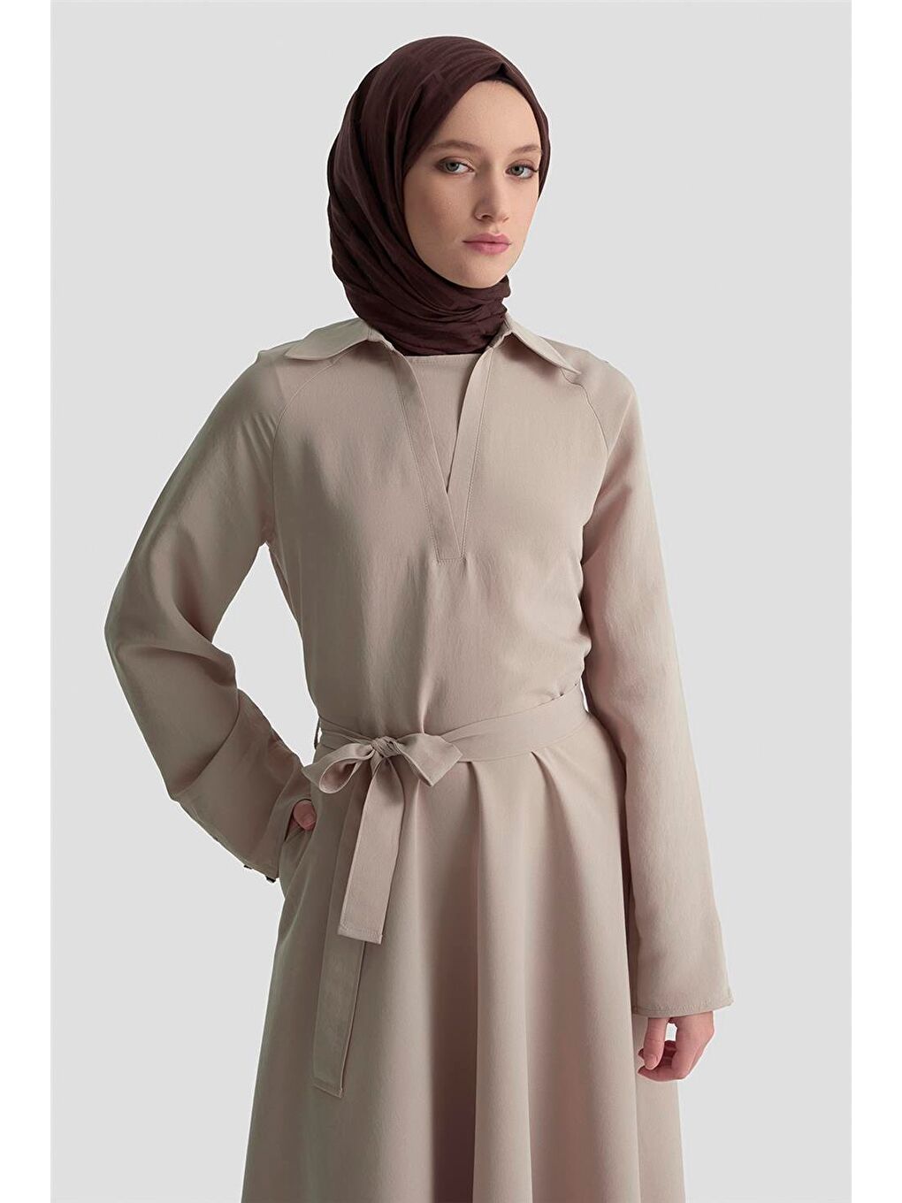 Bej Yakalı Modal Elbise 25K9103 Vizon-3