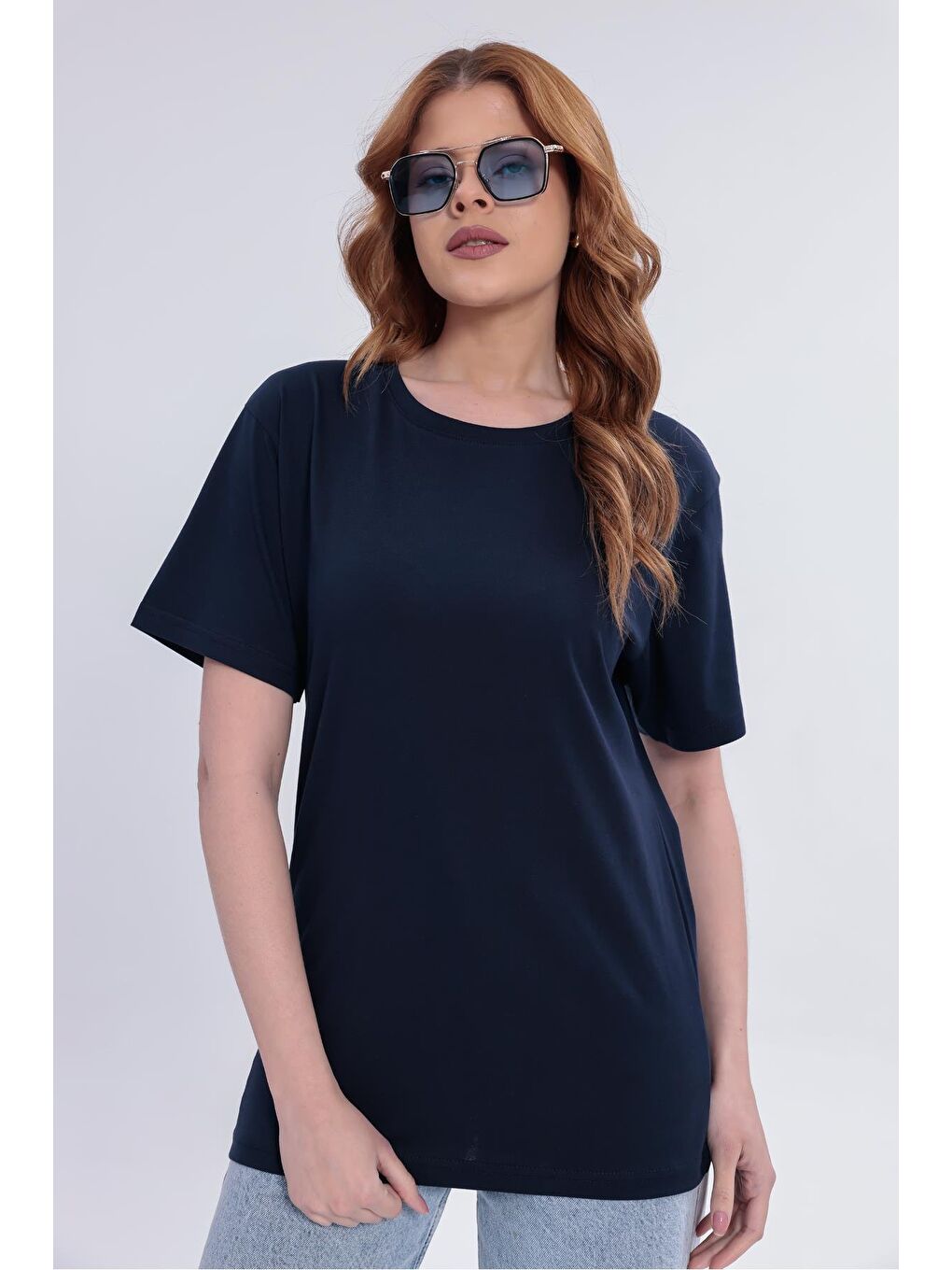 Lacivert Kadın Basic Rahat Kalıp Elastanlı 30/1 Süprem Tişört-380-1