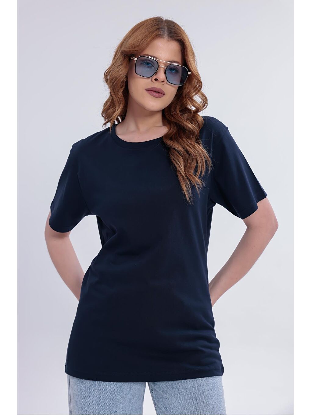 Lacivert Kadın Basic Rahat Kalıp Elastanlı 30/1 Süprem Tişört-380-2