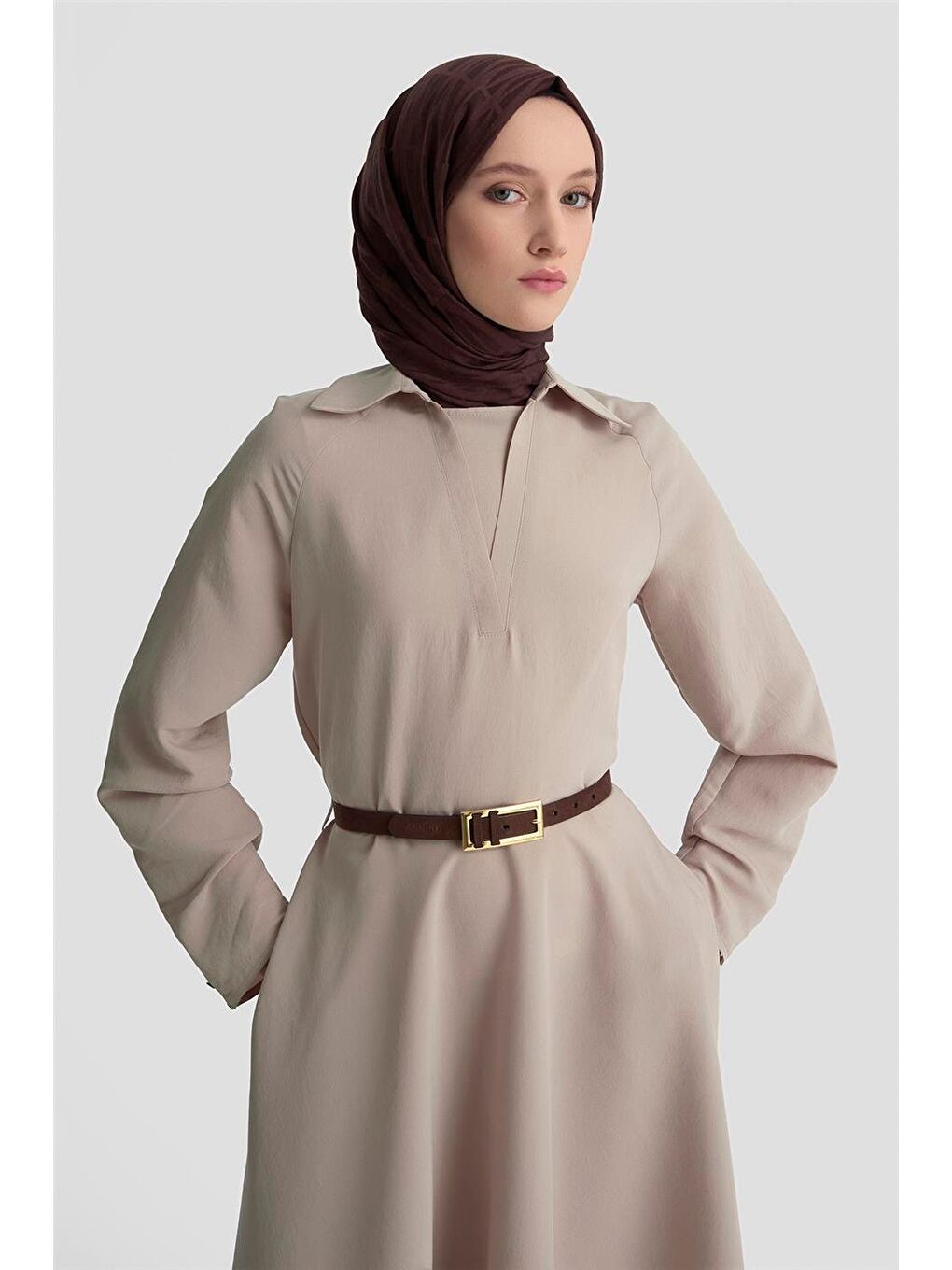 Bej Yakalı Modal Elbise 25K9103 Vizon-4