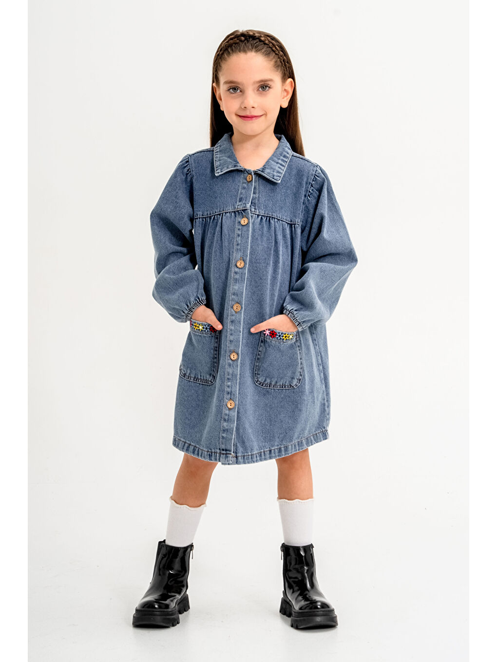 Jean Elbise Çiçek Nakışlı Kız Çocuk 3 7 Yaş Mavi 3765 1