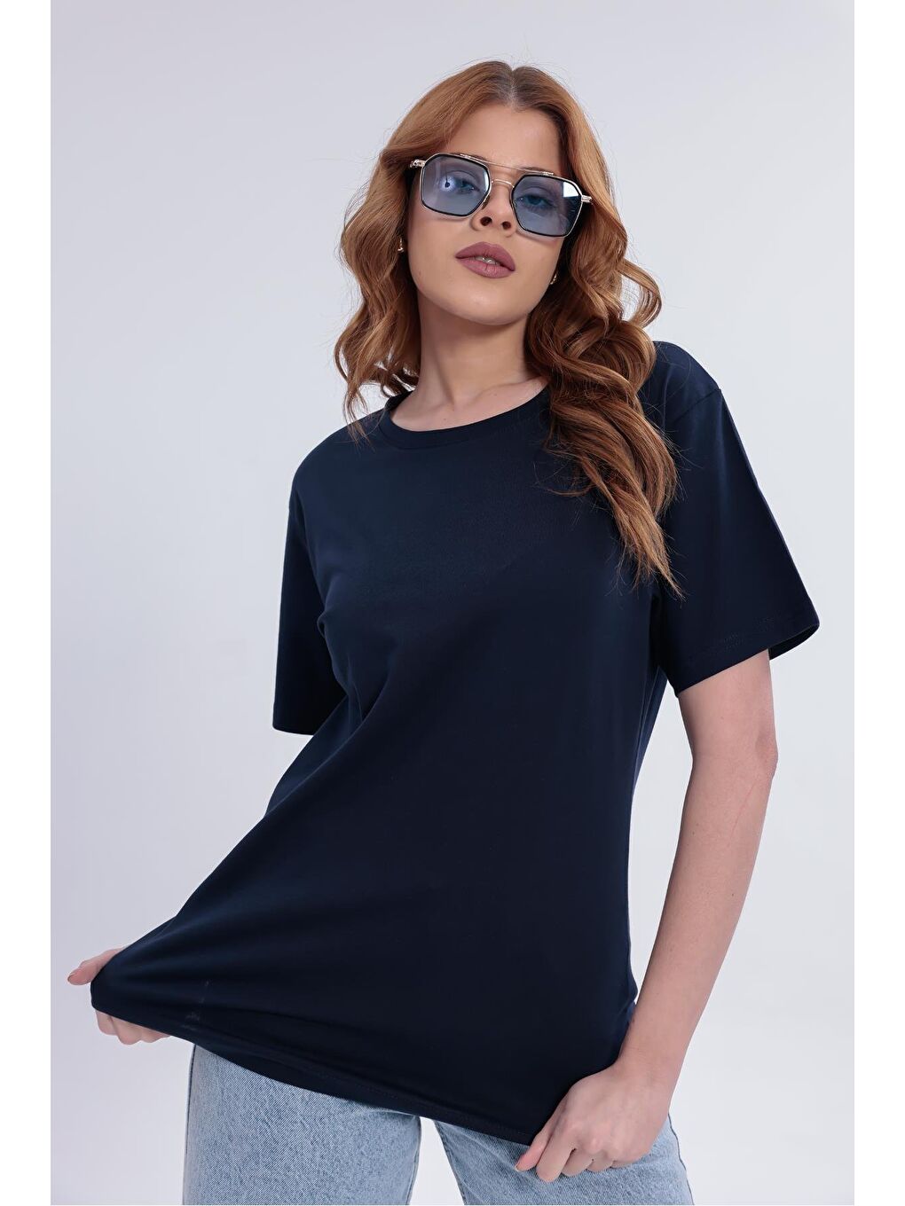Lacivert Kadın Basic Rahat Kalıp Elastanlı 30/1 Süprem Tişört-380-4