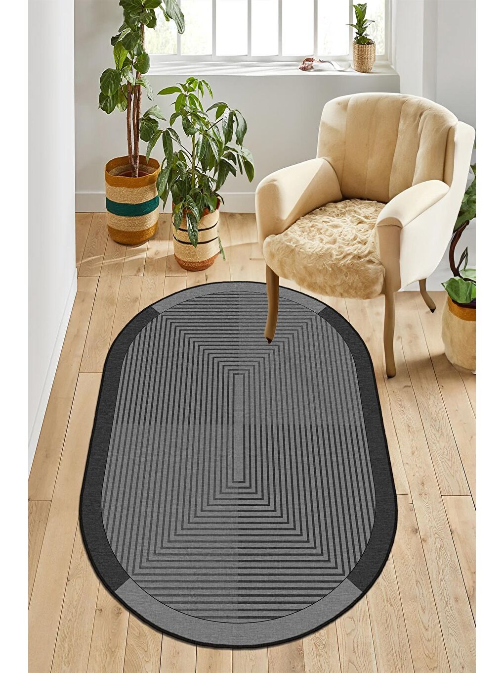 Antrasit Özel Tasarım, Kaymaz Taban, İnce, Yıkanabilir, Modern Halı WOOKECE1417 60x100