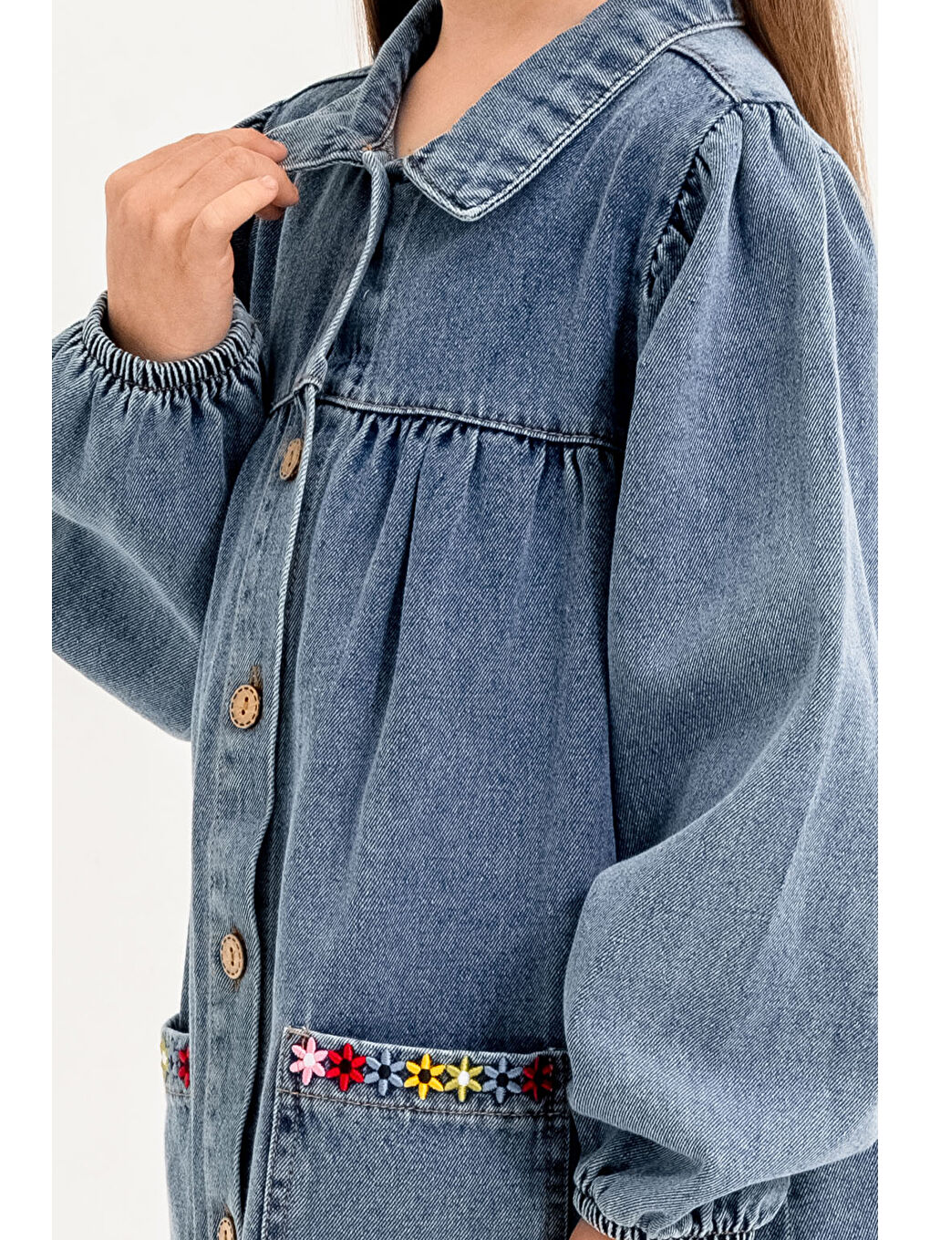 Jean Elbise Çiçek Nakışlı Kız Çocuk 3 7 Yaş Mavi 3765 1-2