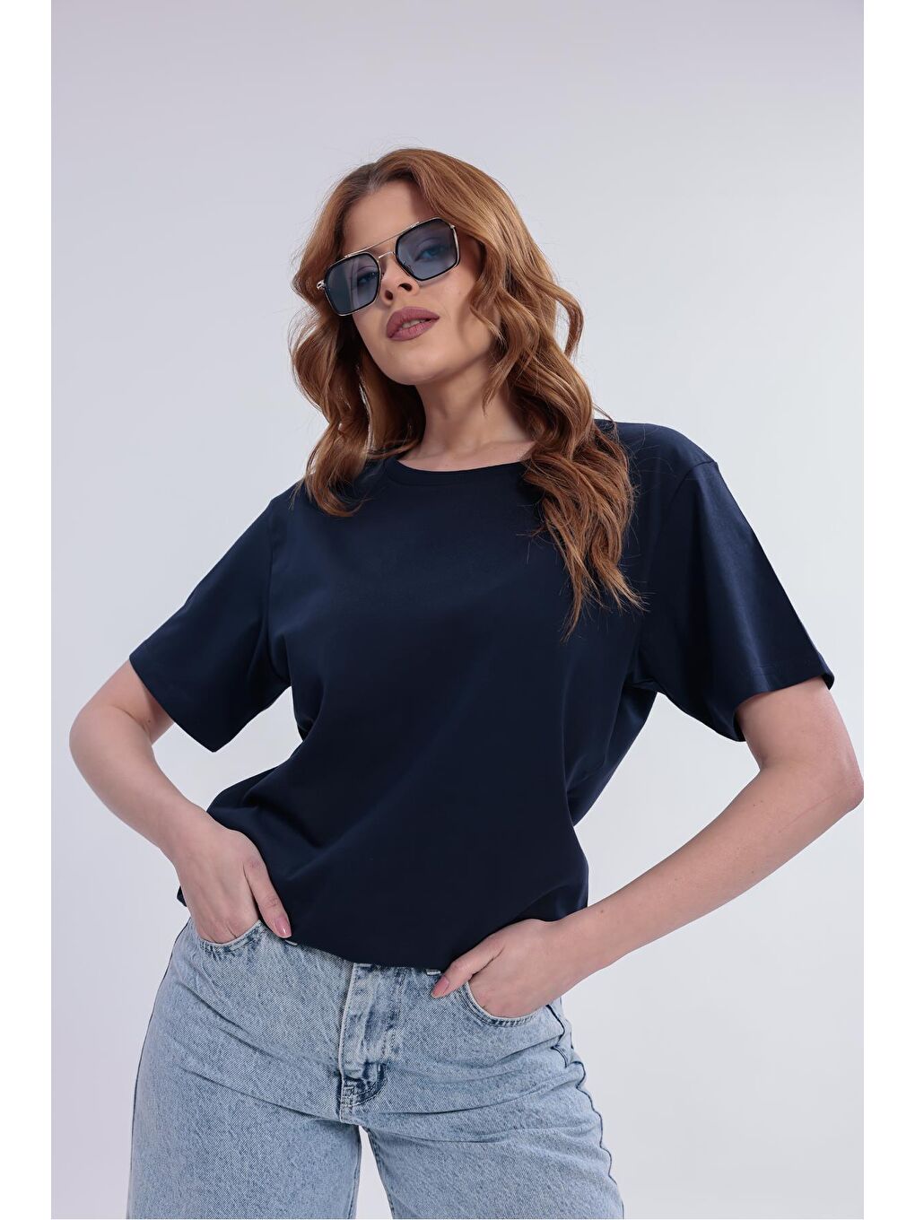 Lacivert Kadın Basic Rahat Kalıp Elastanlı 30/1 Süprem Tişört-380-5