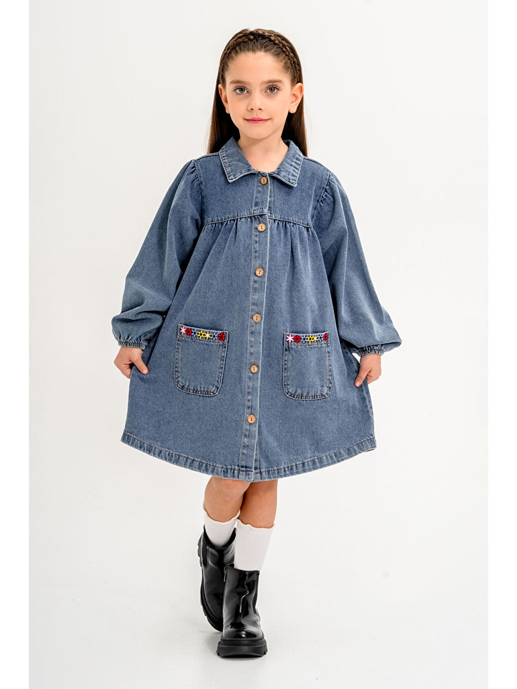 Jean Elbise Çiçek Nakışlı Kız Çocuk 3 7 Yaş Mavi 3765 1-3