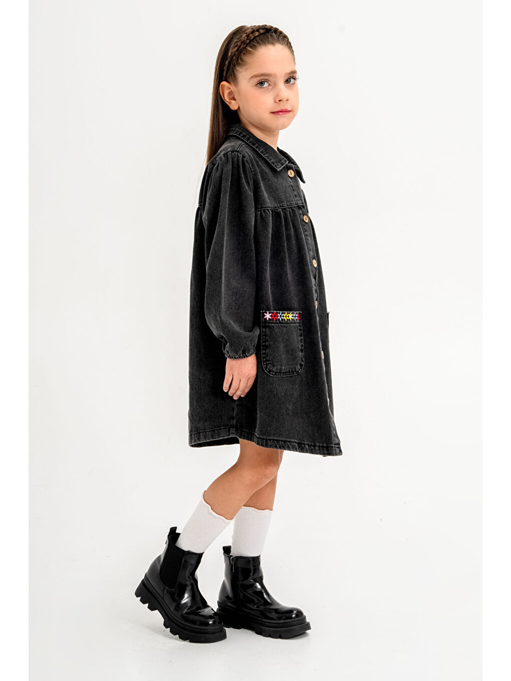 Jean Elbise Çiçek Nakışlı Kız Çocuk 3 7 Yaş Siyah 3765 3-4