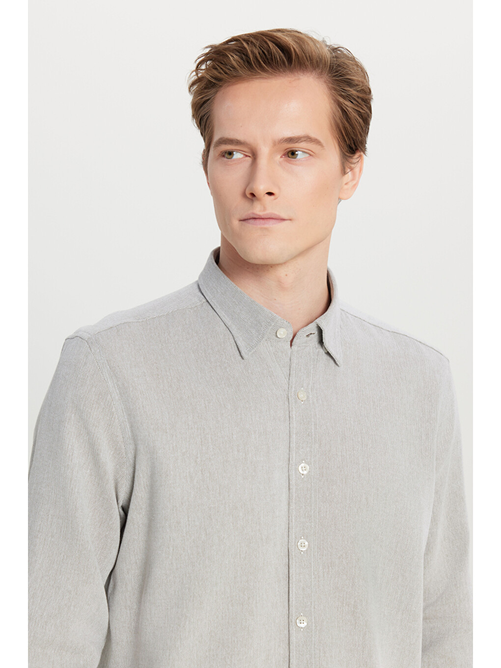 Erkek Haki %100 Pamuklu Slim Fit Gizli Düğmeli Yaka Armürlü Gömlek-3