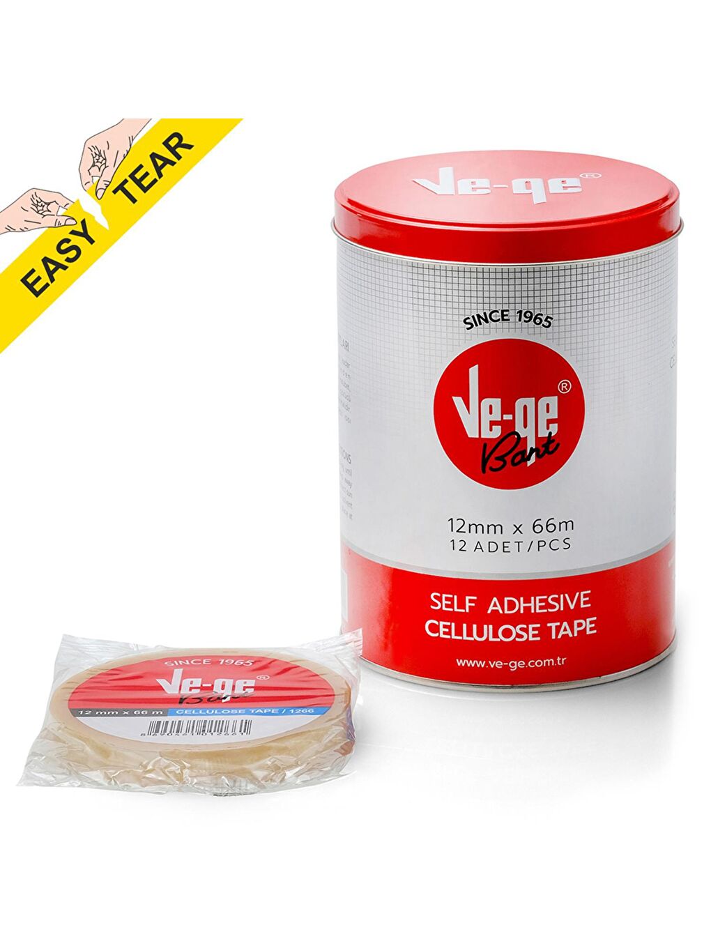 Ve-Ge Şeffaf 12x66 mt Selefon Bant(Cellulose Tape) 12 Adet Metal Tenekede - 1