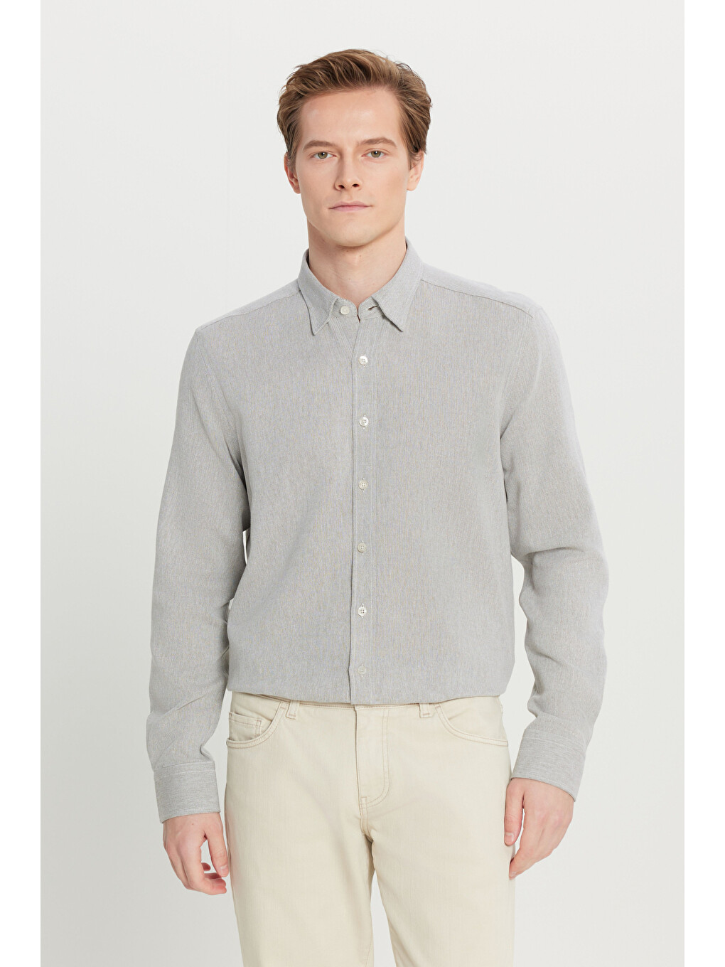 Erkek Haki %100 Pamuklu Slim Fit Gizli Düğmeli Yaka Armürlü Gömlek-4