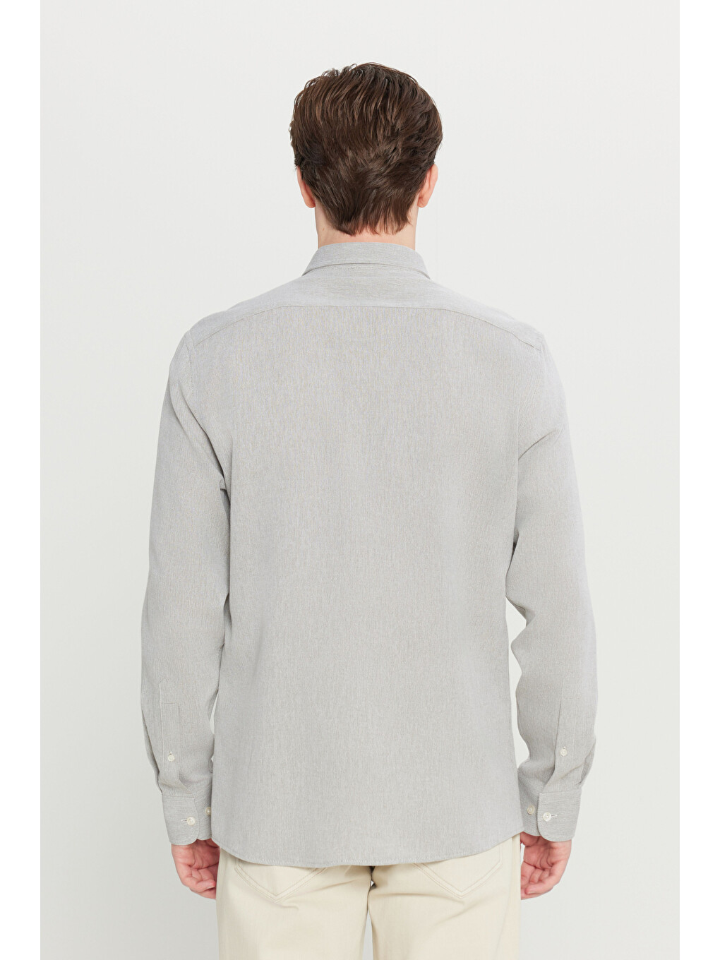 Erkek Haki %100 Pamuklu Slim Fit Gizli Düğmeli Yaka Armürlü Gömlek-5