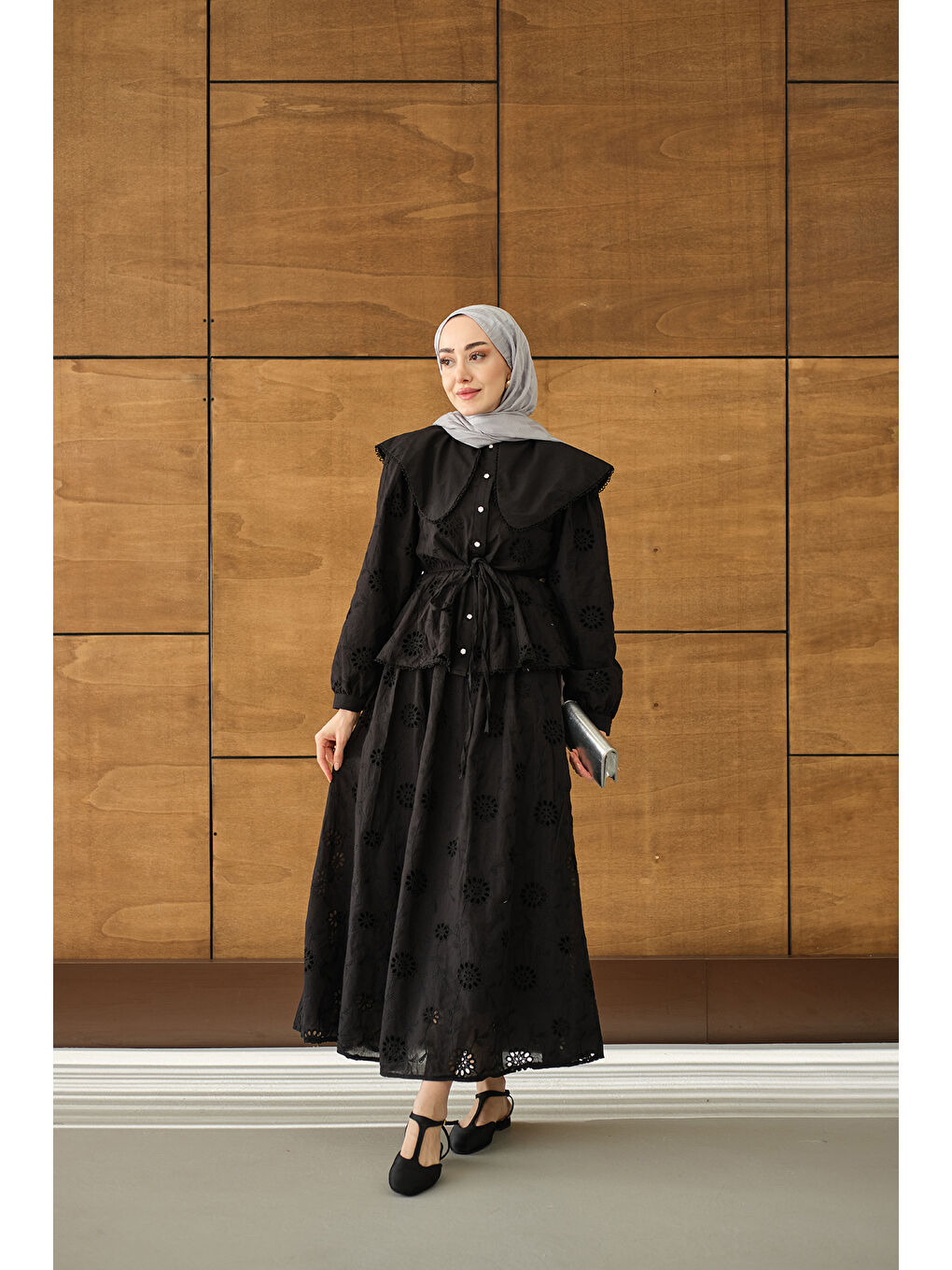 Kadın Bebe Yaka Dantel Detay Takım Siyah