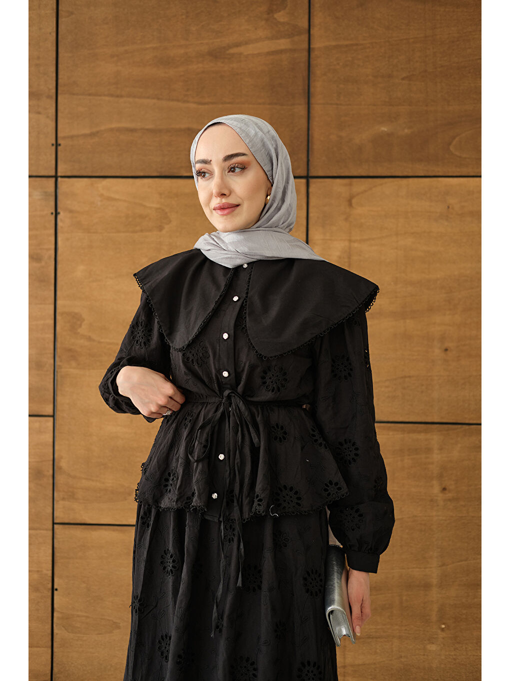 Kadın Bebe Yaka Dantel Detay Takım Siyah-1