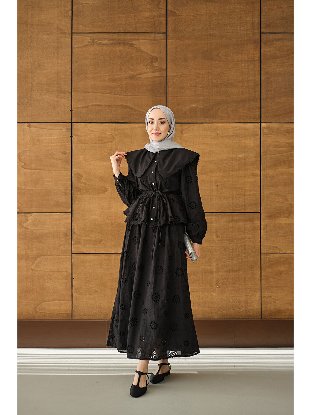 Kadın Bebe Yaka Dantel Detay Takım Siyah-2