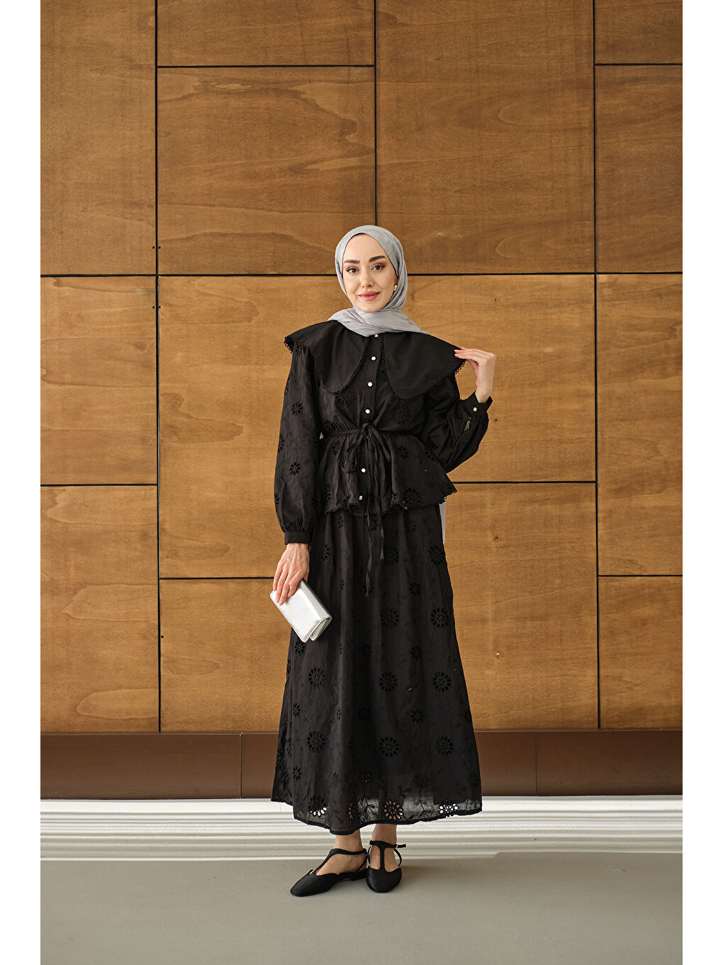 Kadın Bebe Yaka Dantel Detay Takım Siyah-4