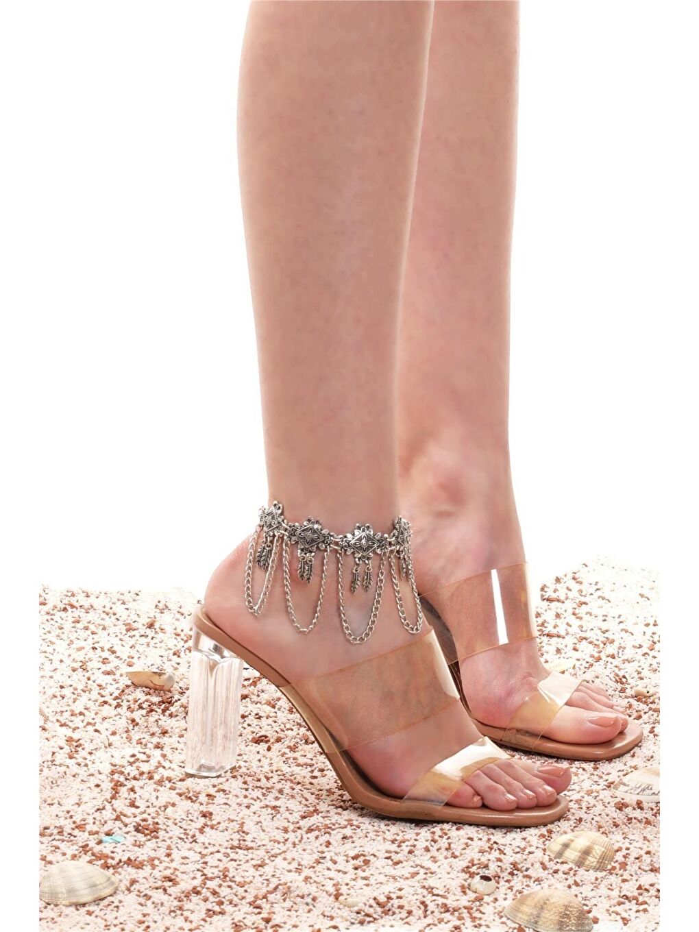 Gri Kadın Antik Gümüş Kaplama Zincirli Model Etnik Motifli Halhal-3