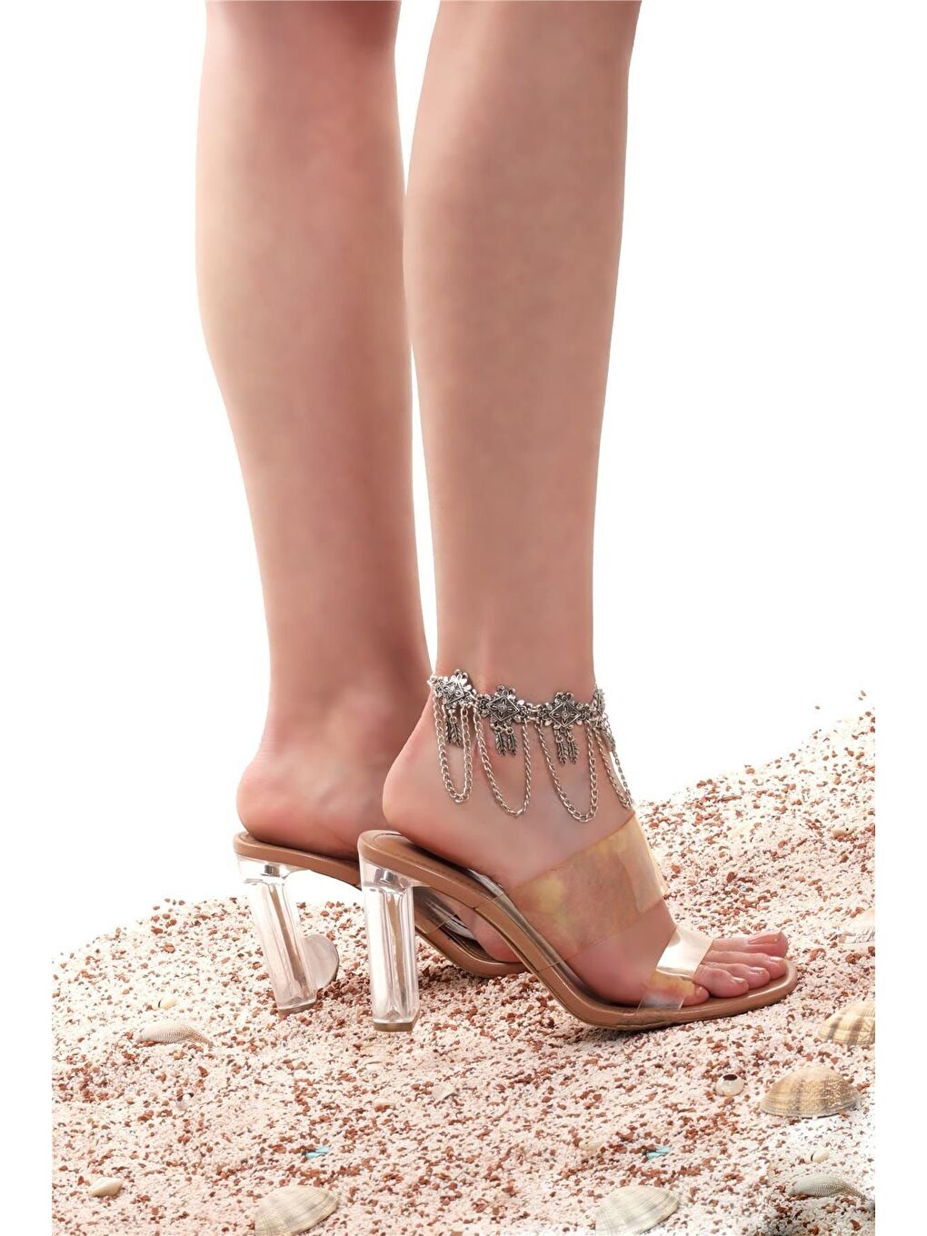 Gri Kadın Antik Gümüş Kaplama Zincirli Model Etnik Motifli Halhal-4