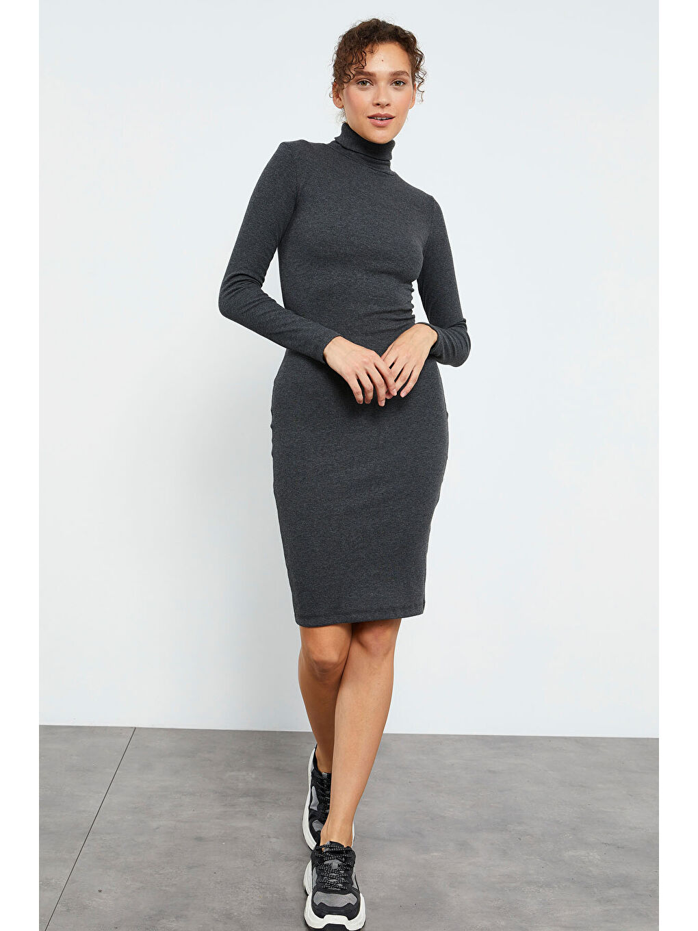 Antrasit Melanj Kaşkorse Triko Dar Kalıp Balıkçı Yaka Kadın Elbise - 97117-1