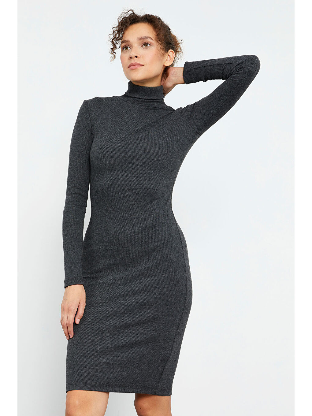 Antrasit Melanj Kaşkorse Triko Dar Kalıp Balıkçı Yaka Kadın Elbise - 97117-3