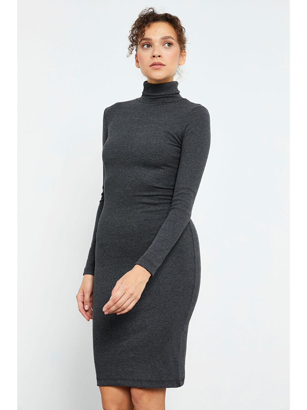 Antrasit Melanj Kaşkorse Triko Dar Kalıp Balıkçı Yaka Kadın Elbise - 97117-7