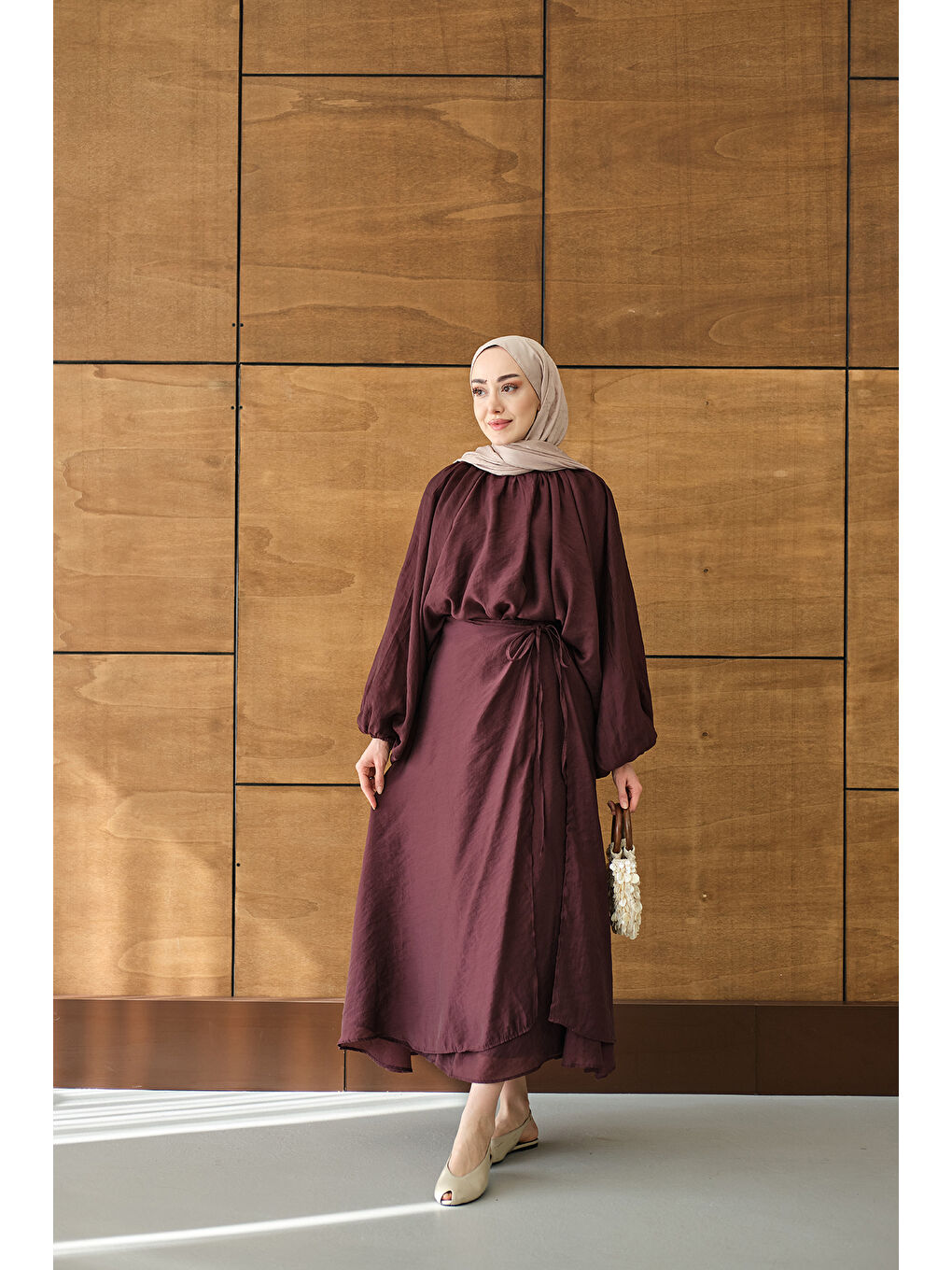 Kadın Tül Detay Pelerinli Etekli Takım Mürdüm-2