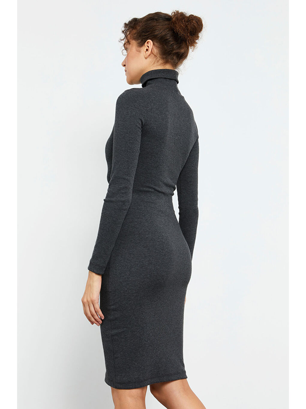 Antrasit Melanj Kaşkorse Triko Dar Kalıp Balıkçı Yaka Kadın Elbise - 97117-9
