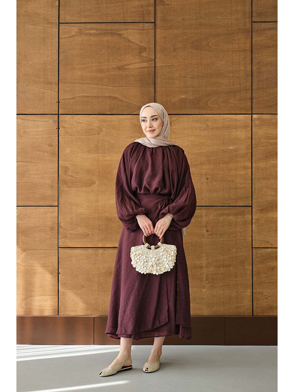 Kadın Tül Detay Pelerinli Etekli Takım Mürdüm-3