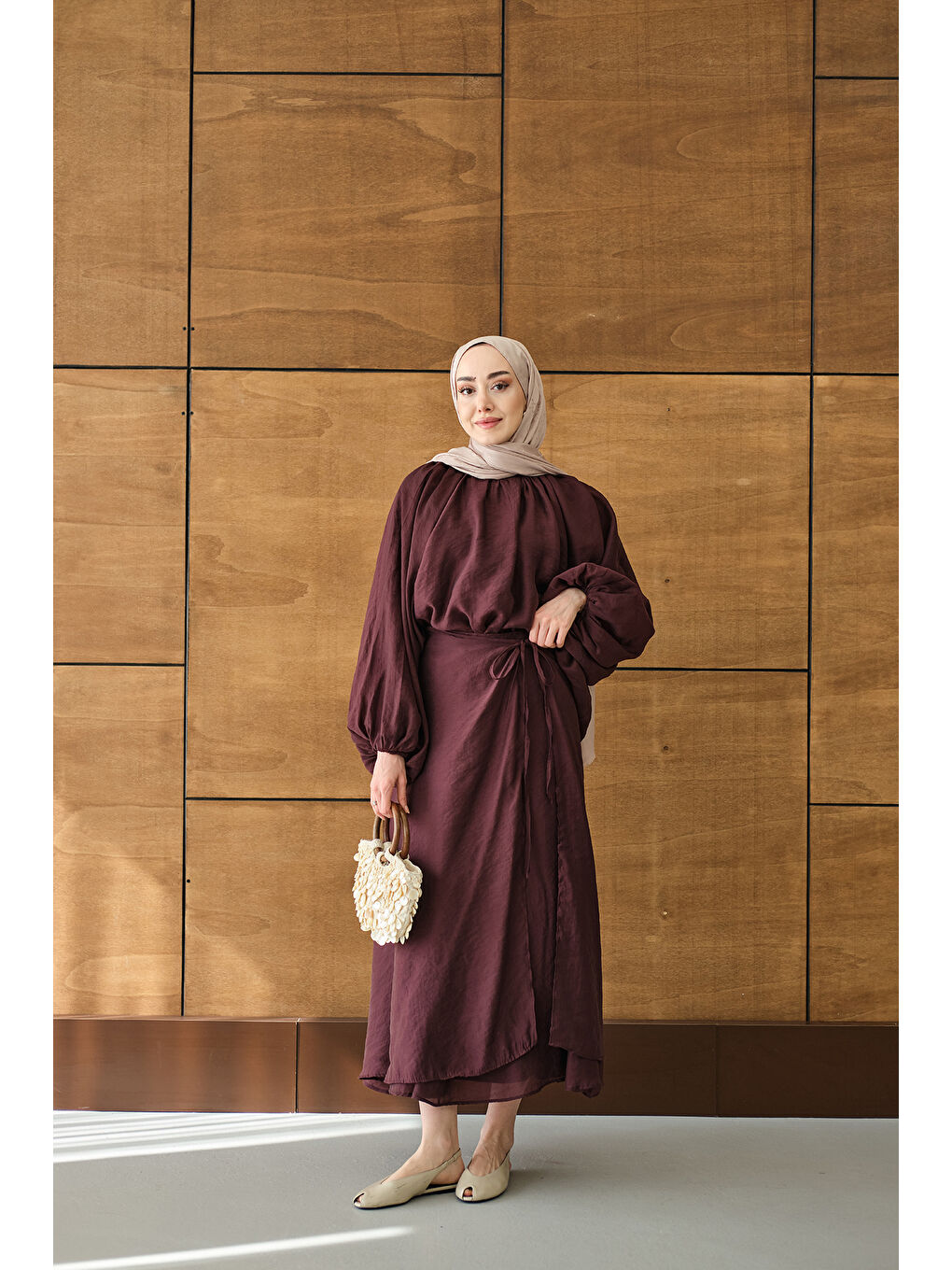 Kadın Tül Detay Pelerinli Etekli Takım Mürdüm-4