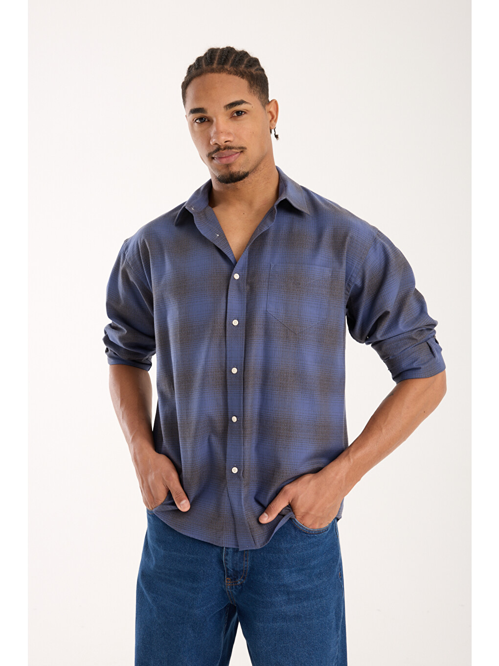 Rio Flanel Pamuklu Oversize Fit Lacivert Klasik Yaka Erkek Ekoseli Gömlek-2