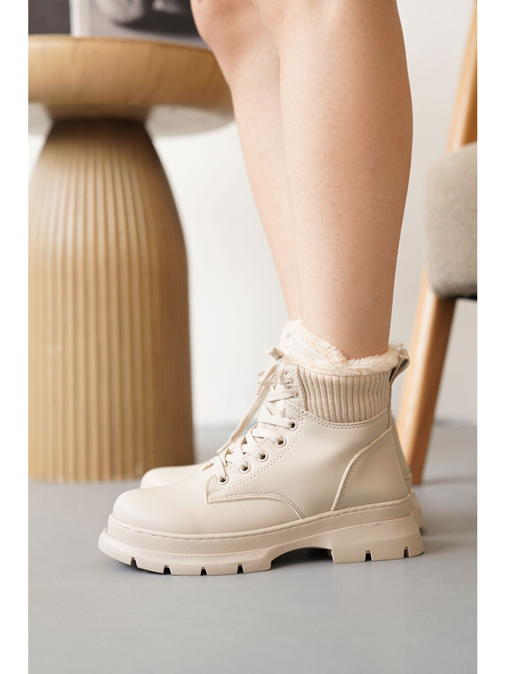 Bej D0988 Soğuk Geçirmez Kışlık Kadın Bot & Bootie-3