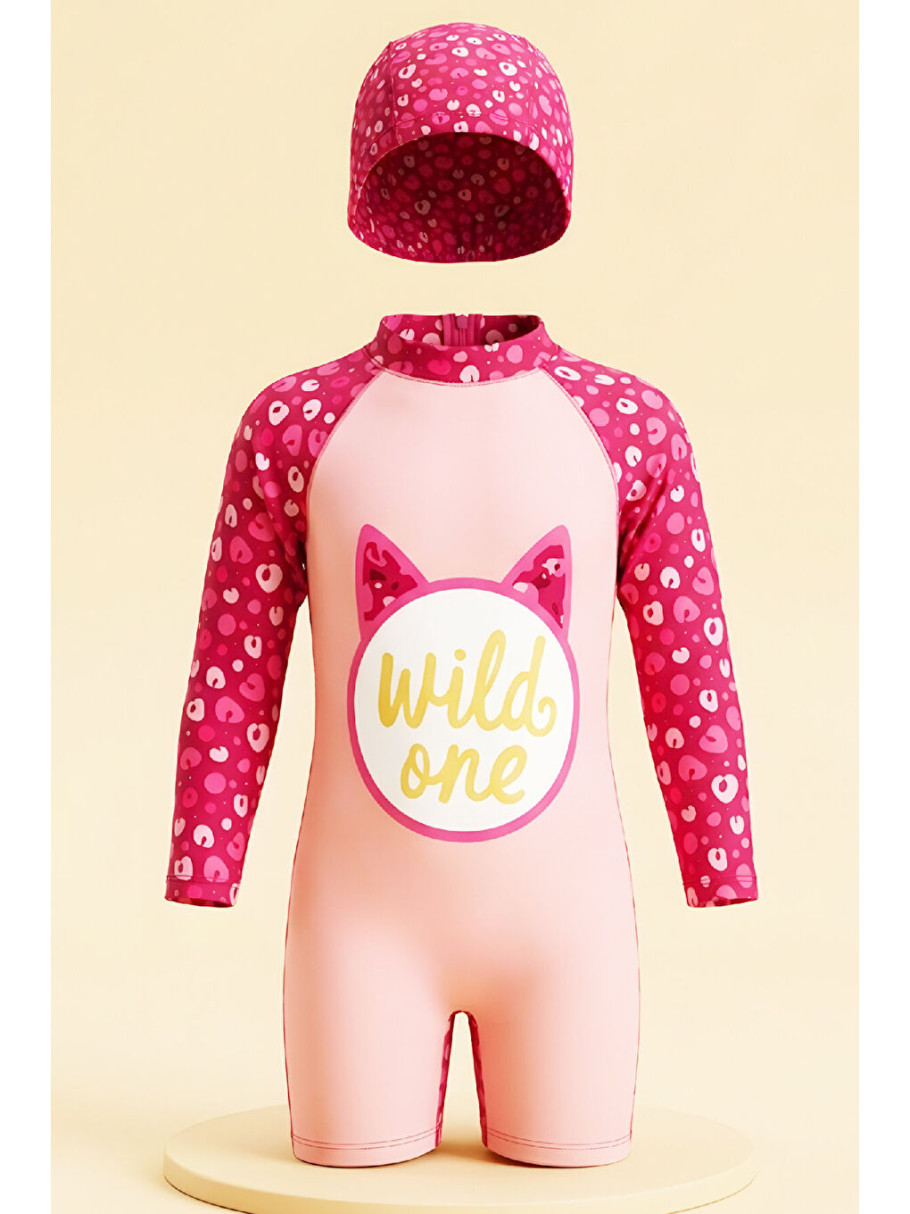 Beyaz Kız Çocuk Mayo Takımı-Uzun Kollu Yüzücü Mayo ve Bone 4-12 Yaş 12638N-1