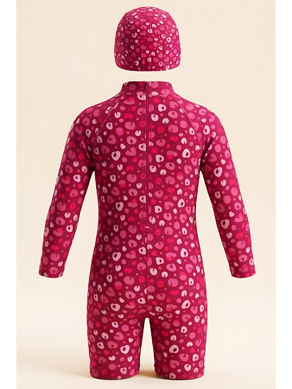 Beyaz Kız Çocuk Mayo Takımı-Uzun Kollu Yüzücü Mayo ve Bone 4-12 Yaş 12638N-2