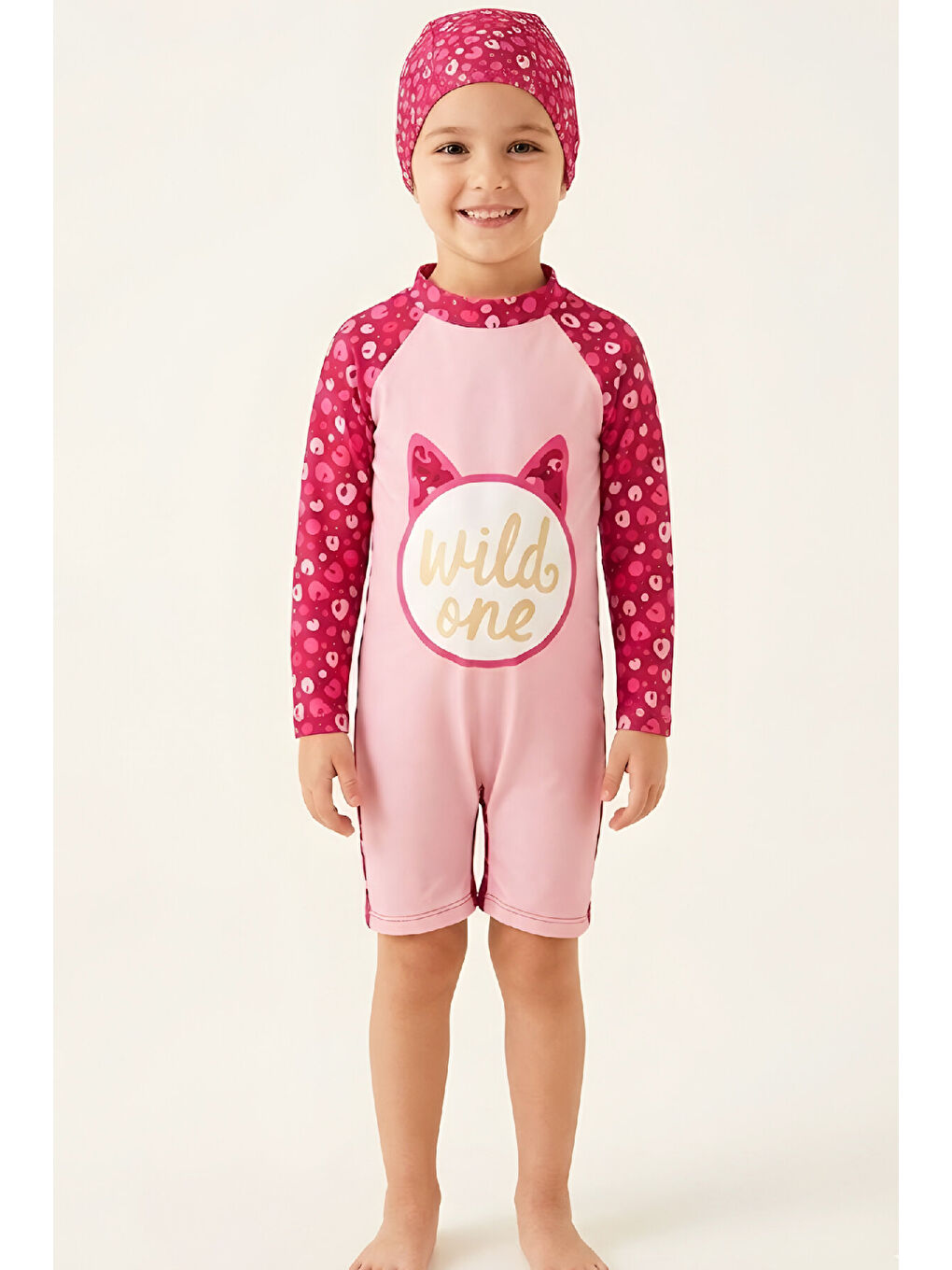 Beyaz Kız Çocuk Mayo Takımı-Uzun Kollu Yüzücü Mayo ve Bone 4-12 Yaş 12638N-3