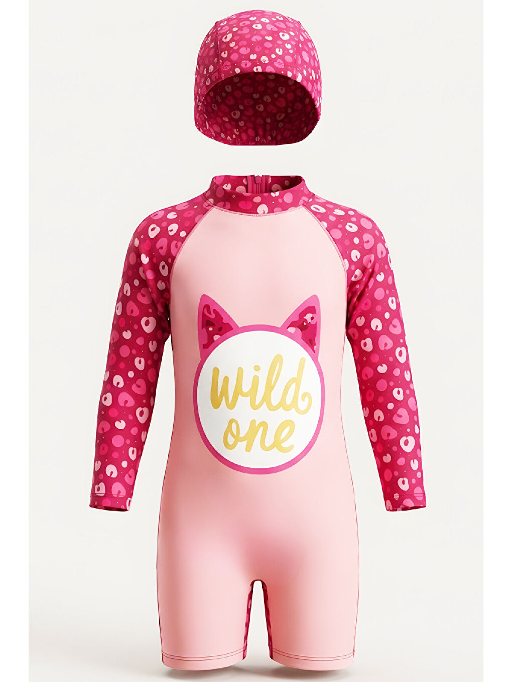 Beyaz Kız Çocuk Mayo Takımı-Uzun Kollu Yüzücü Mayo ve Bone 4-12 Yaş 12638N-4