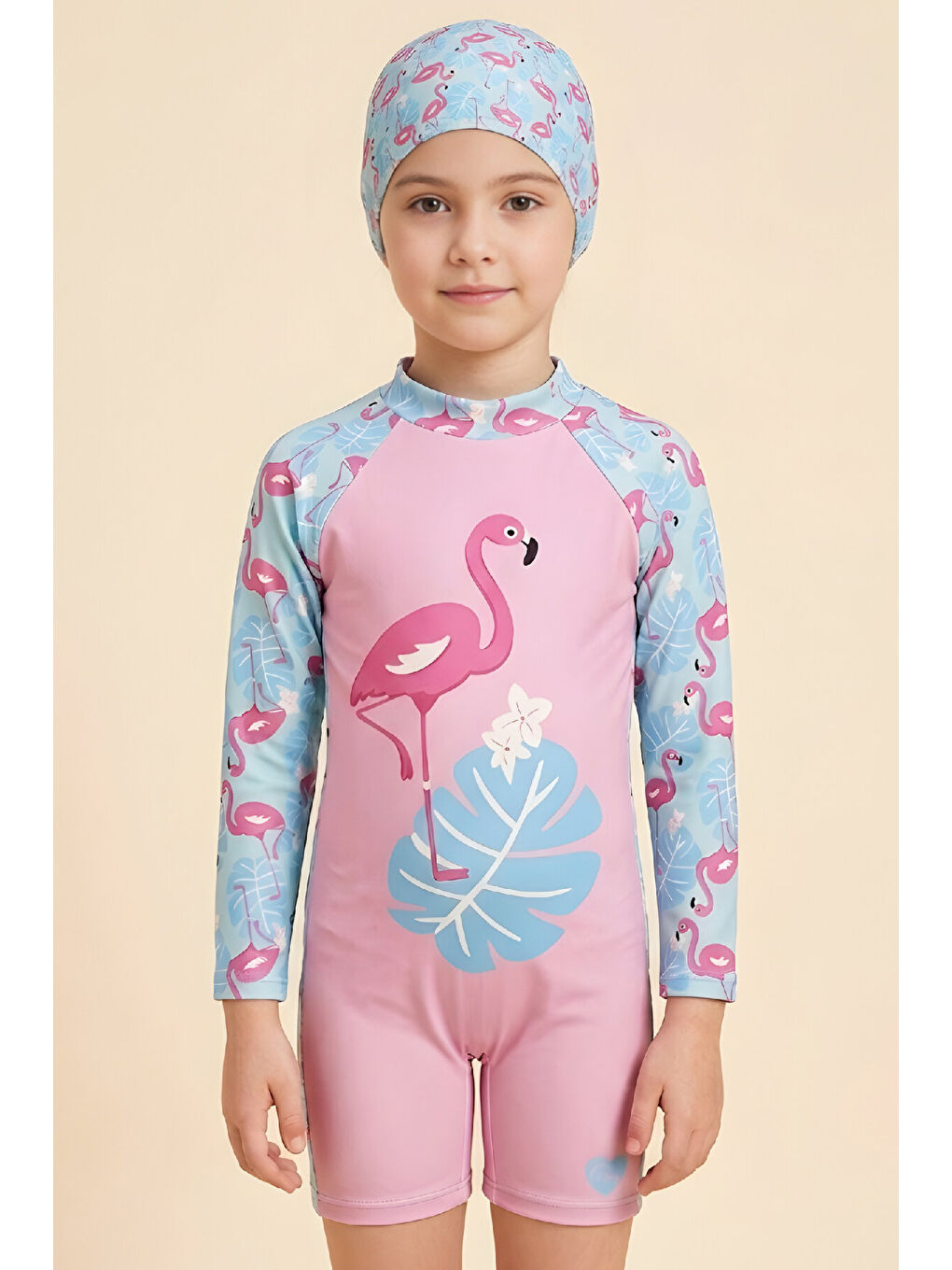 Pembe Kız Çocuk Mayo Takımı-Uzun Kollu Yüzücü Mayo ve Bone 4-12 Yaş 12638N