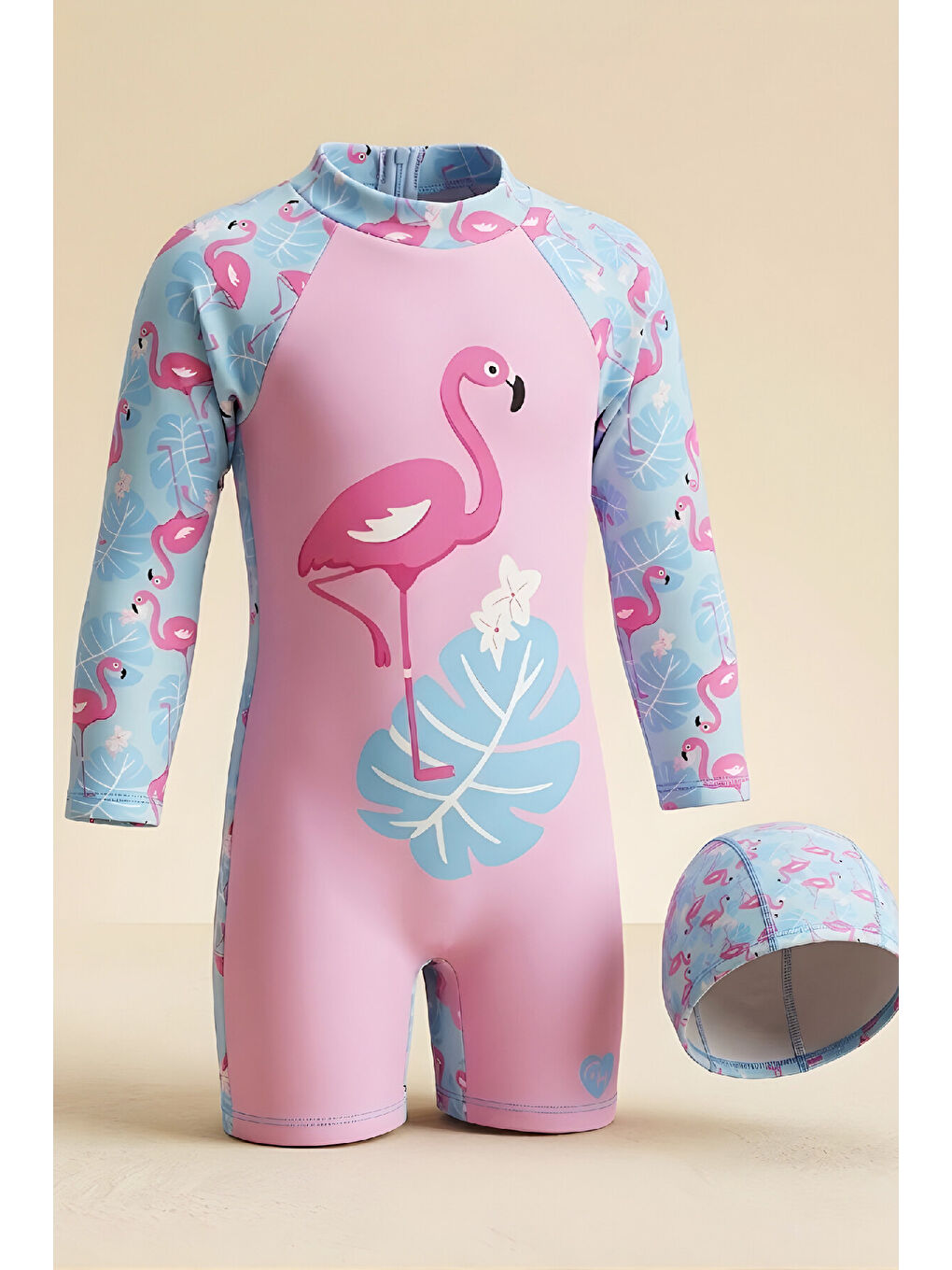 Pembe Kız Çocuk Mayo Takımı-Uzun Kollu Yüzücü Mayo ve Bone 4-12 Yaş 12638N-1
