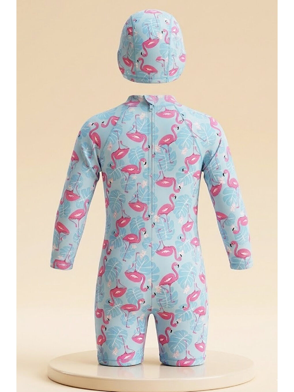 Pembe Kız Çocuk Mayo Takımı-Uzun Kollu Yüzücü Mayo ve Bone 4-12 Yaş 12638N-2