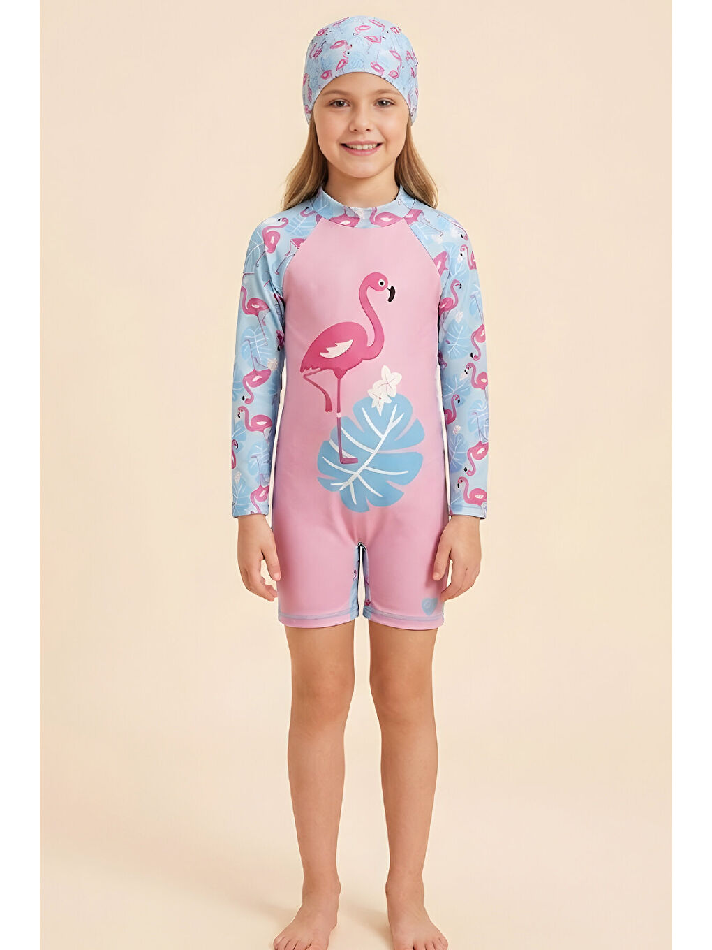 Pembe Kız Çocuk Mayo Takımı-Uzun Kollu Yüzücü Mayo ve Bone 4-12 Yaş 12638N-3