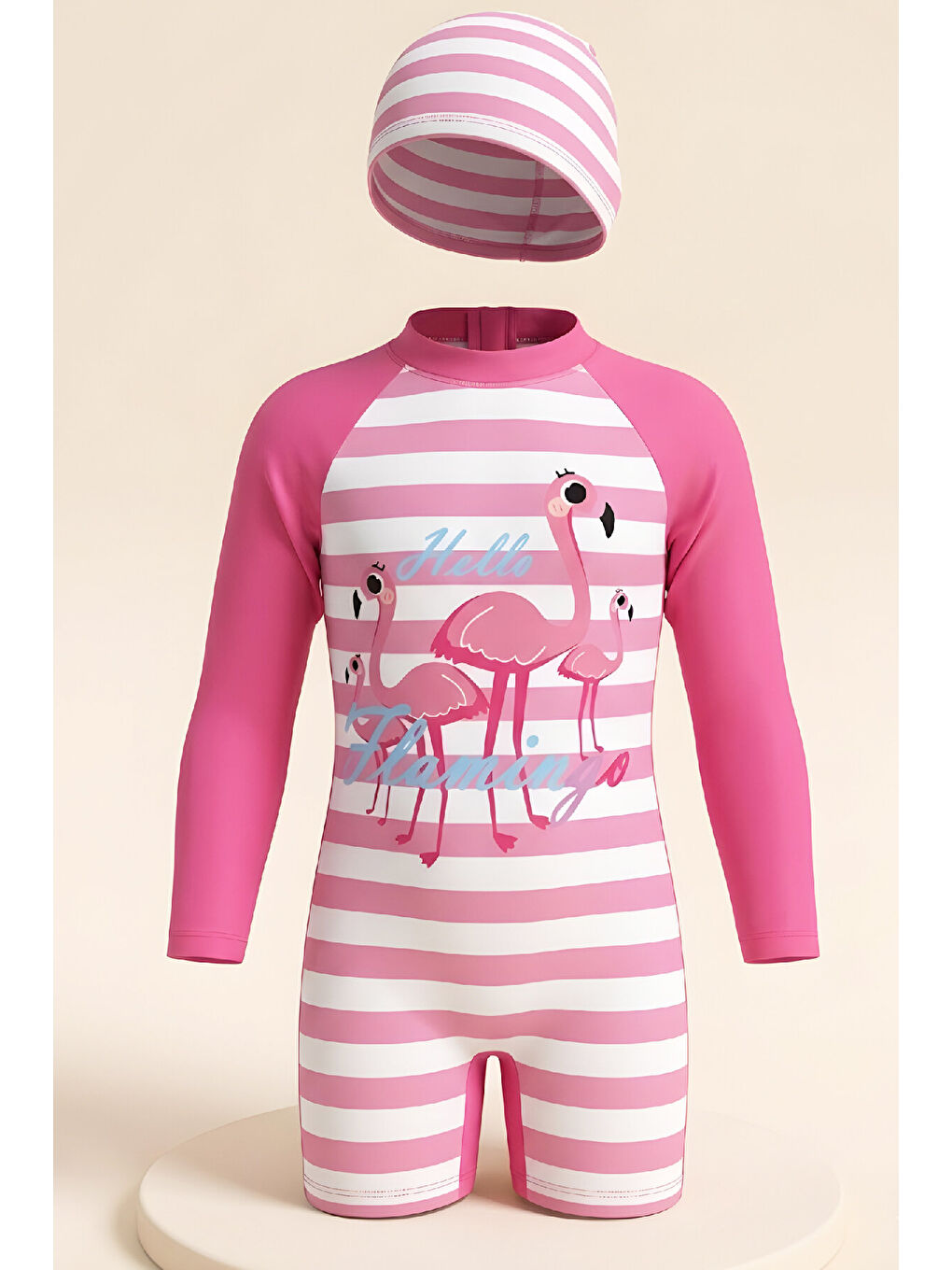 Fuşya Kız Çocuk Mayo Takımı-Uzun Kollu Yüzücü Mayo ve Bone 4-12 Yaş 12639N-1