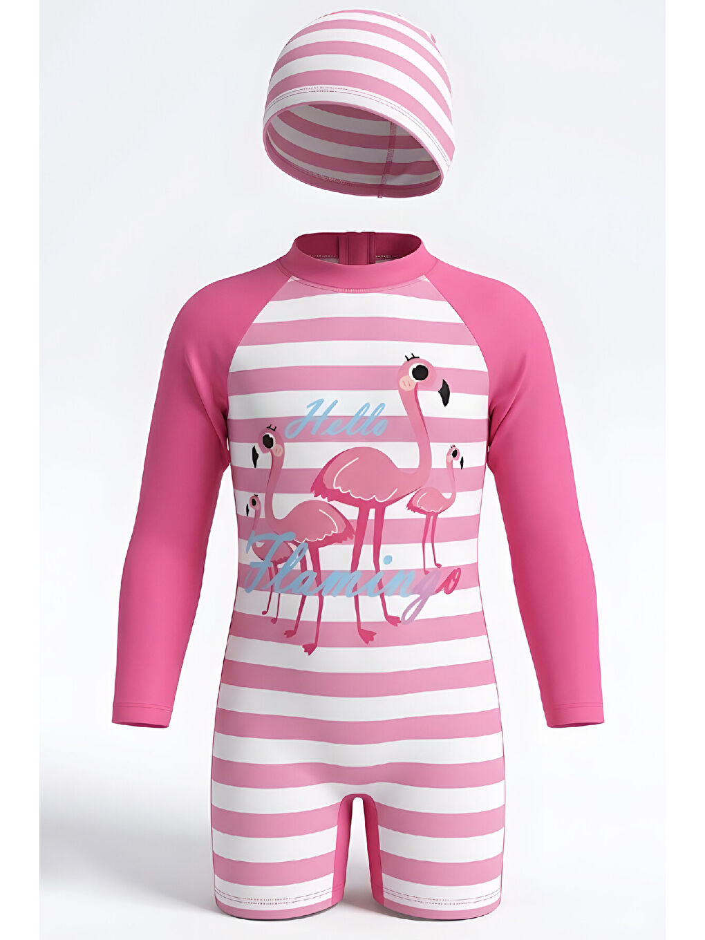 Fuşya Kız Çocuk Mayo Takımı-Uzun Kollu Yüzücü Mayo ve Bone 4-12 Yaş 12639N-2