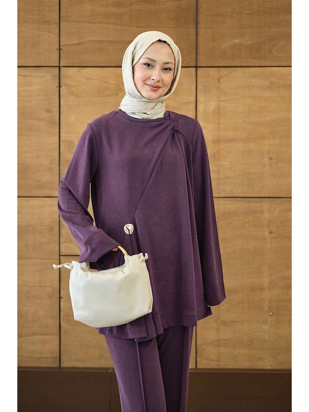 Kadın Yaka Bağlama Detay Tokalı Bisiklet Yaka Takım Mürdüm-2