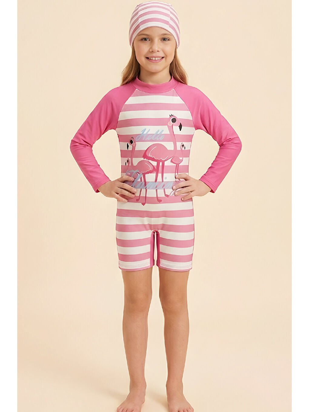Fuşya Kız Çocuk Mayo Takımı-Uzun Kollu Yüzücü Mayo ve Bone 4-12 Yaş 12639N-3